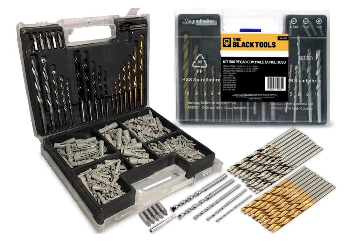 Kit Jogo De Ferramentas Multiuso 300 Peças Com Maleta Brocas Bits e Buchas TMM300 - The Black Tools